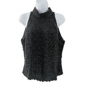 Vintage Black Silk Sleeveless Beaded Halterneck Top | Papell Boutique Evening |